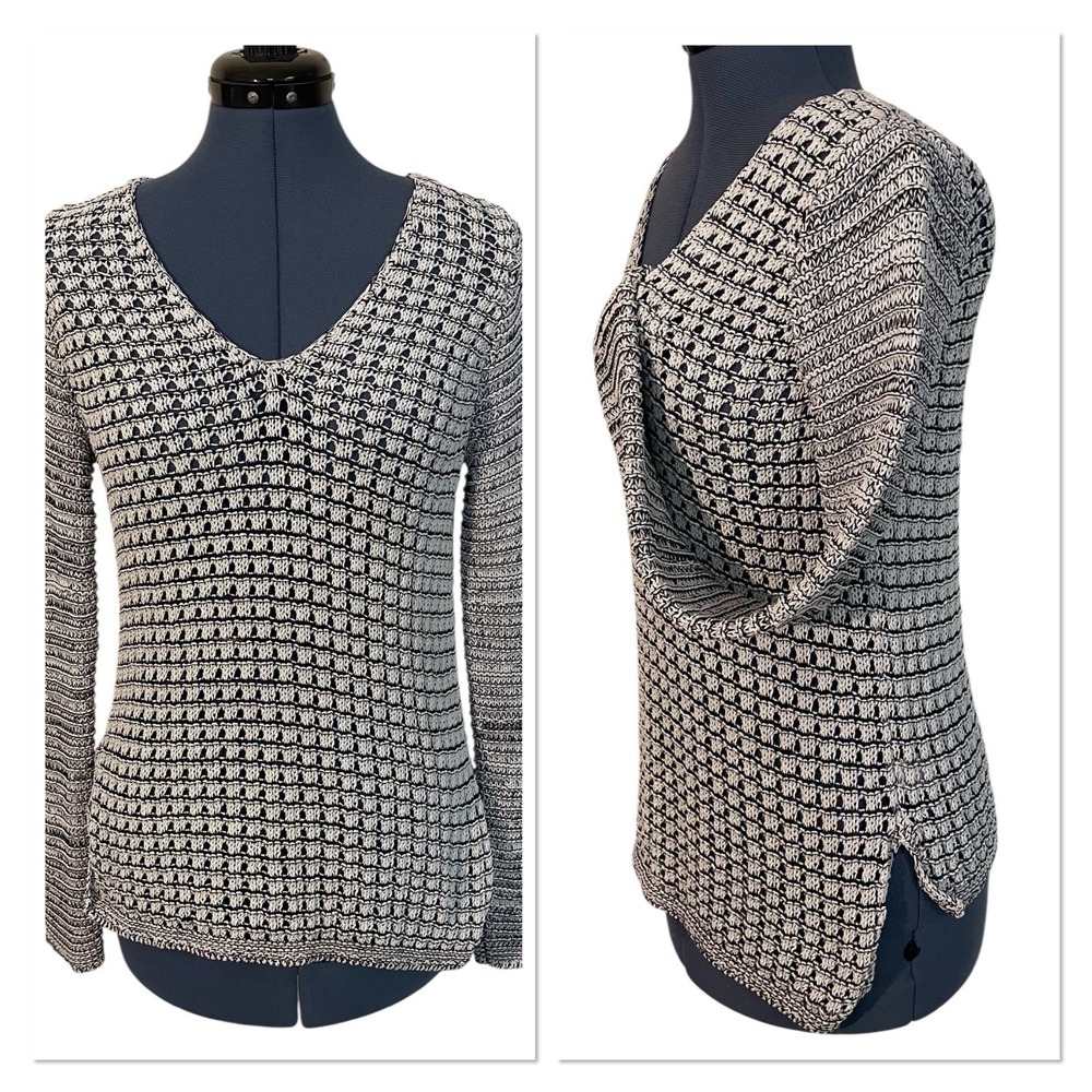 Helmut Lang Black White‎ Open Knit Crochet Fishnet V Neck Sweater Coastal City M